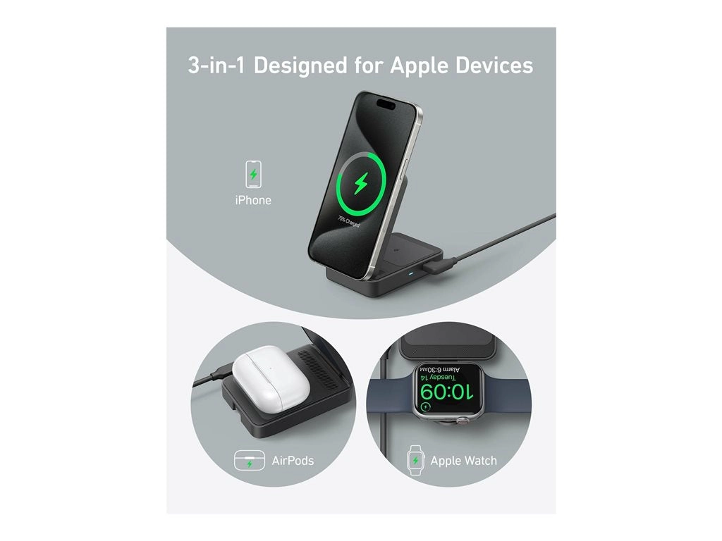Anker MagGo - Wireless charging stand - 3-in-1, foldable   AC power adapter - 25 Watt - black B2557J11-1
