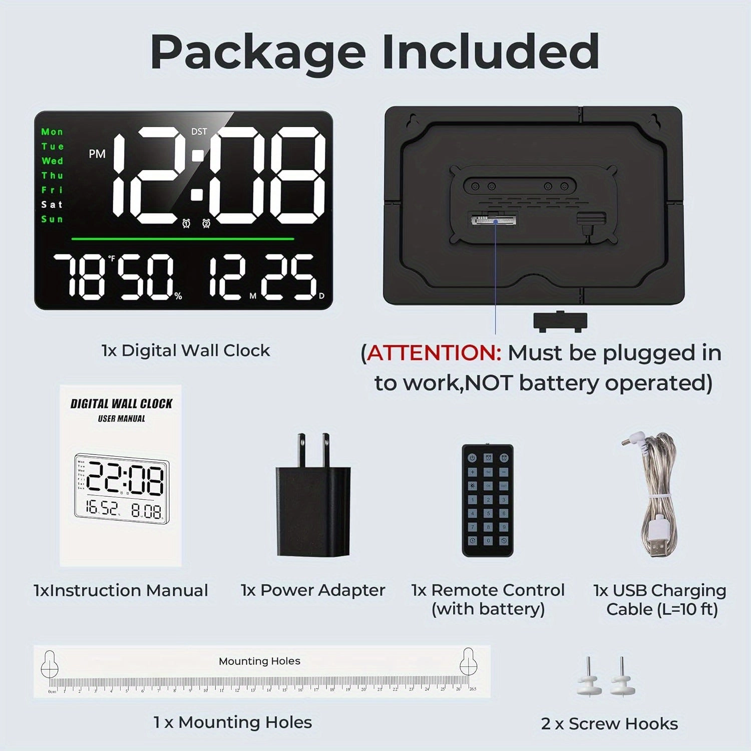 Mpow 16" Large Digital Wall Clock Black