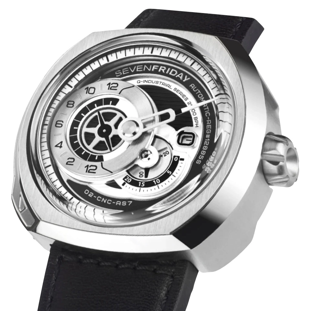 SEVENFRIDAY Q-Series Automatic Stainless Steel Silver/Gray Dial Black Leather Strap Date Mens Watch Q1/03