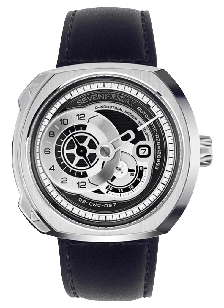 SEVENFRIDAY Q-Series Automatic Stainless Steel Silver/Gray Dial Black Leather Strap Date Mens Watch Q1/03
