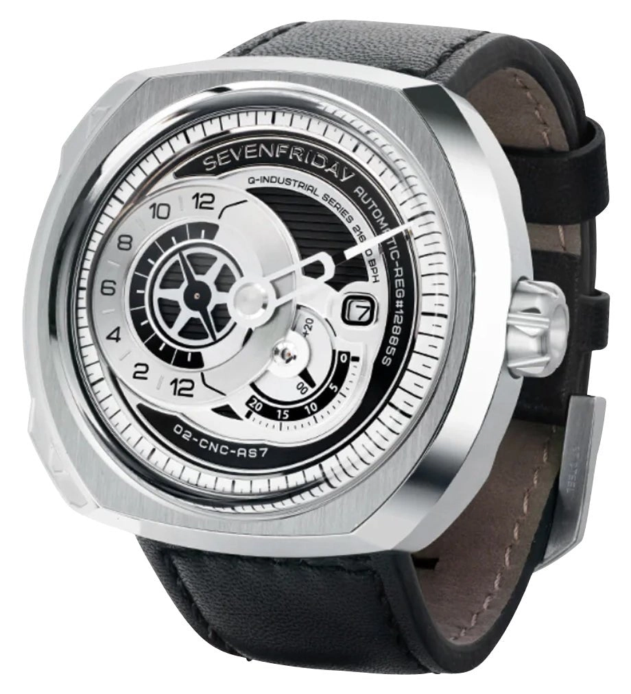 SEVENFRIDAY Q-Series Automatic Stainless Steel Silver/Gray Dial Black Leather Strap Date Mens Watch Q1/03