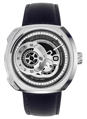 SEVENFRIDAY Q-Series Automatic Stainless Steel Silver/Gray Dial Black Leather Strap Date Mens Watch Q1/03